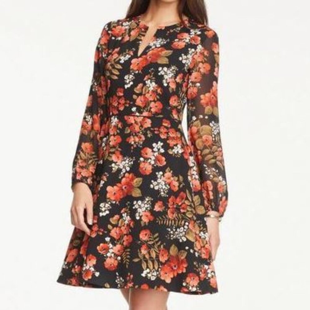 *NEW Ann Taylor Red Orange Black Poppy Floral Long Sleeve Dress Size 0